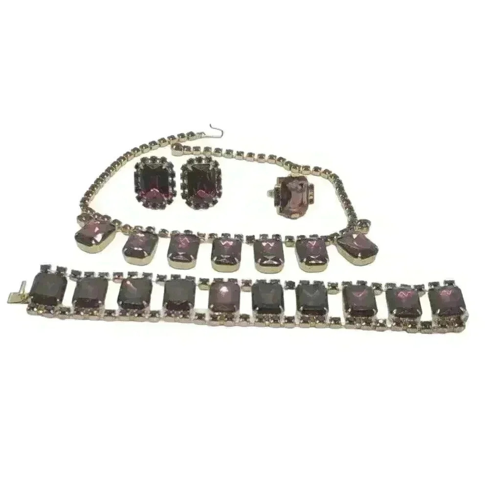 Vintage Rhinestone Rare Purple Necklace Bracelet Earrings Ring Set Mob Wives